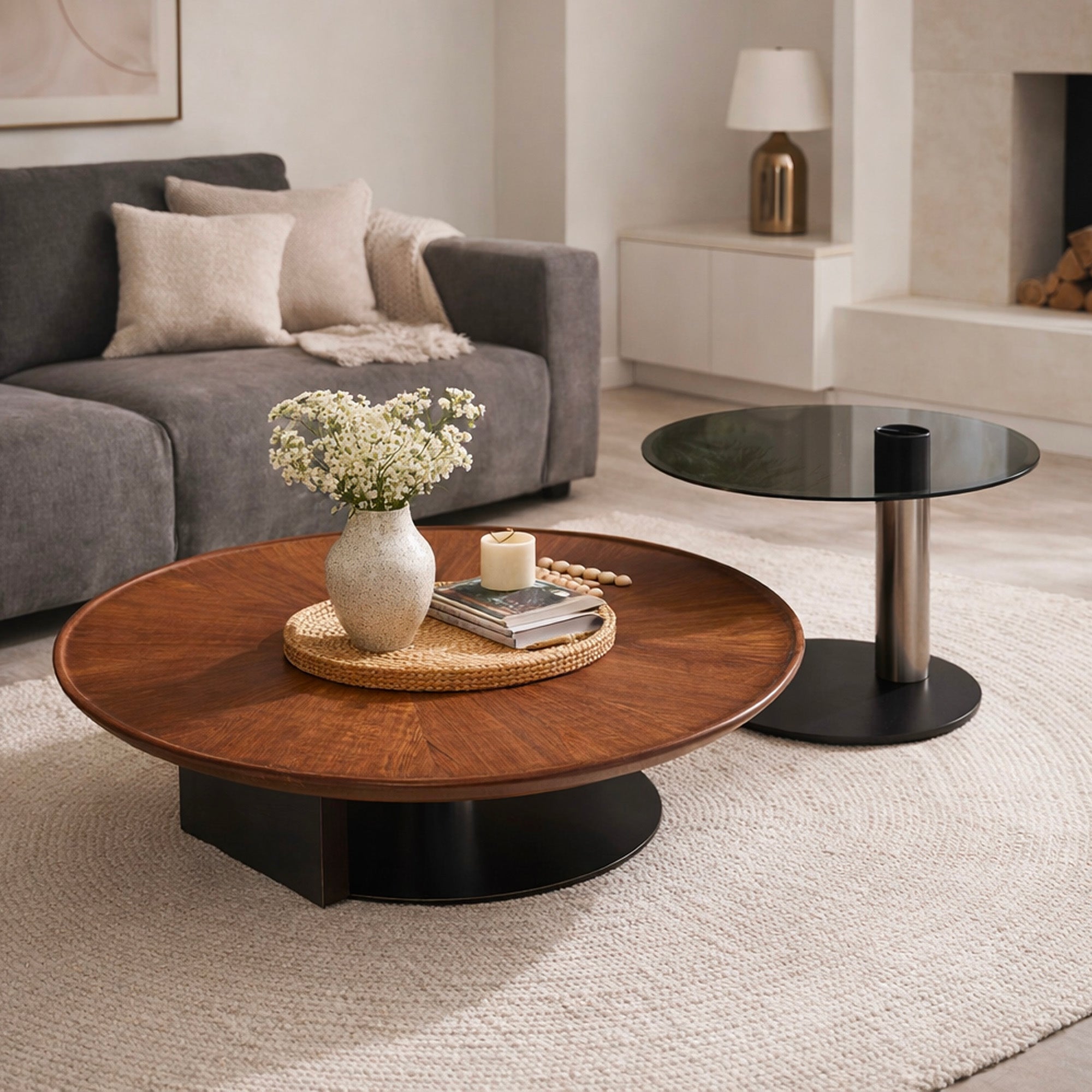 Solara Walnut Round Coffee Table Set with Glass Side Table