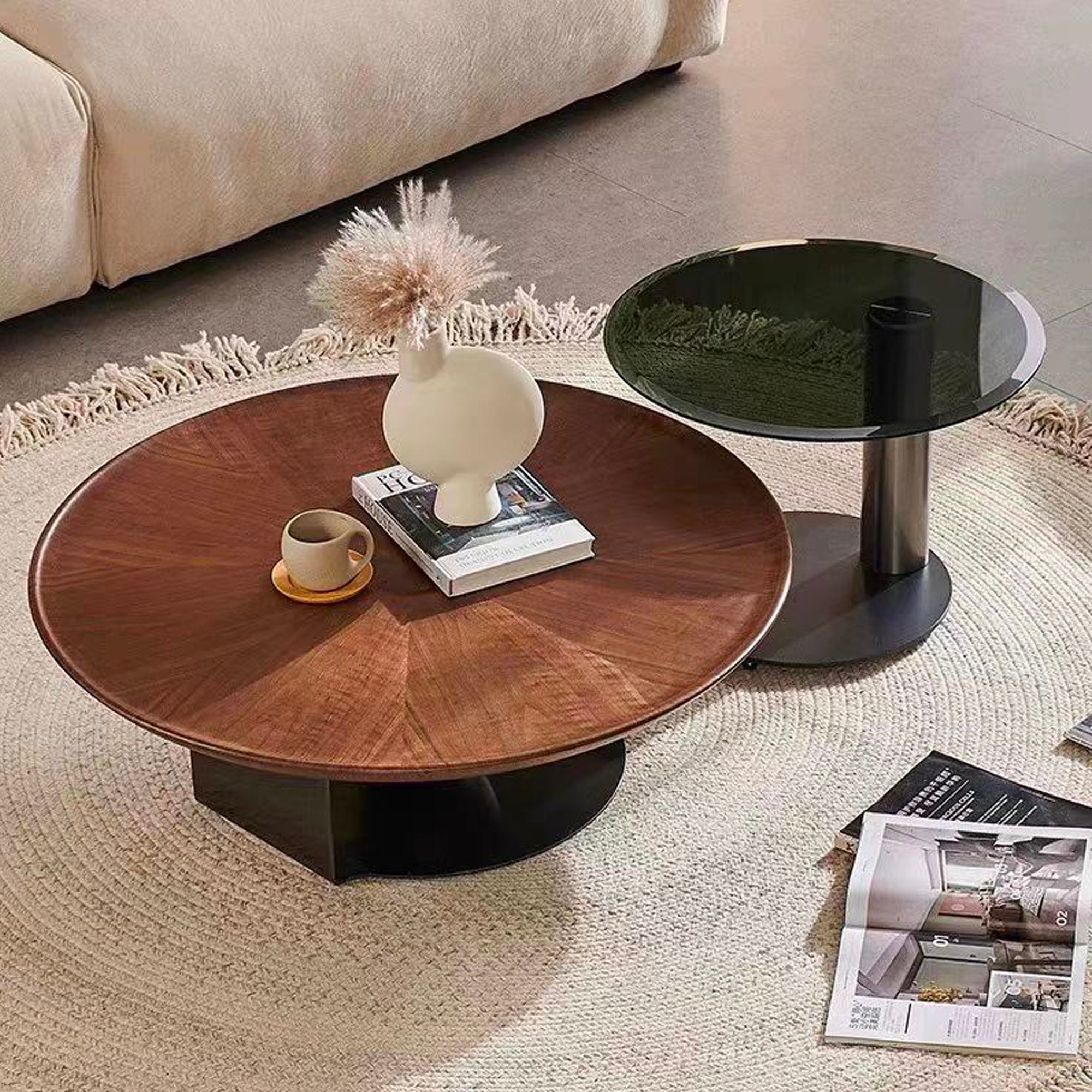 Solara Walnut Round Coffee Table Set with Glass Side Table