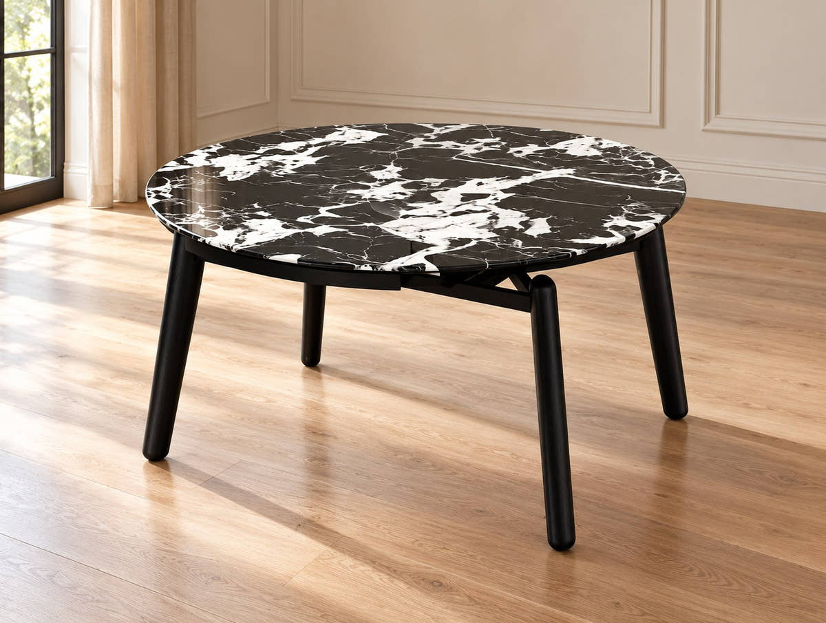 Vellaro Black & White Round Dining Table – TT207 – styled dining room view