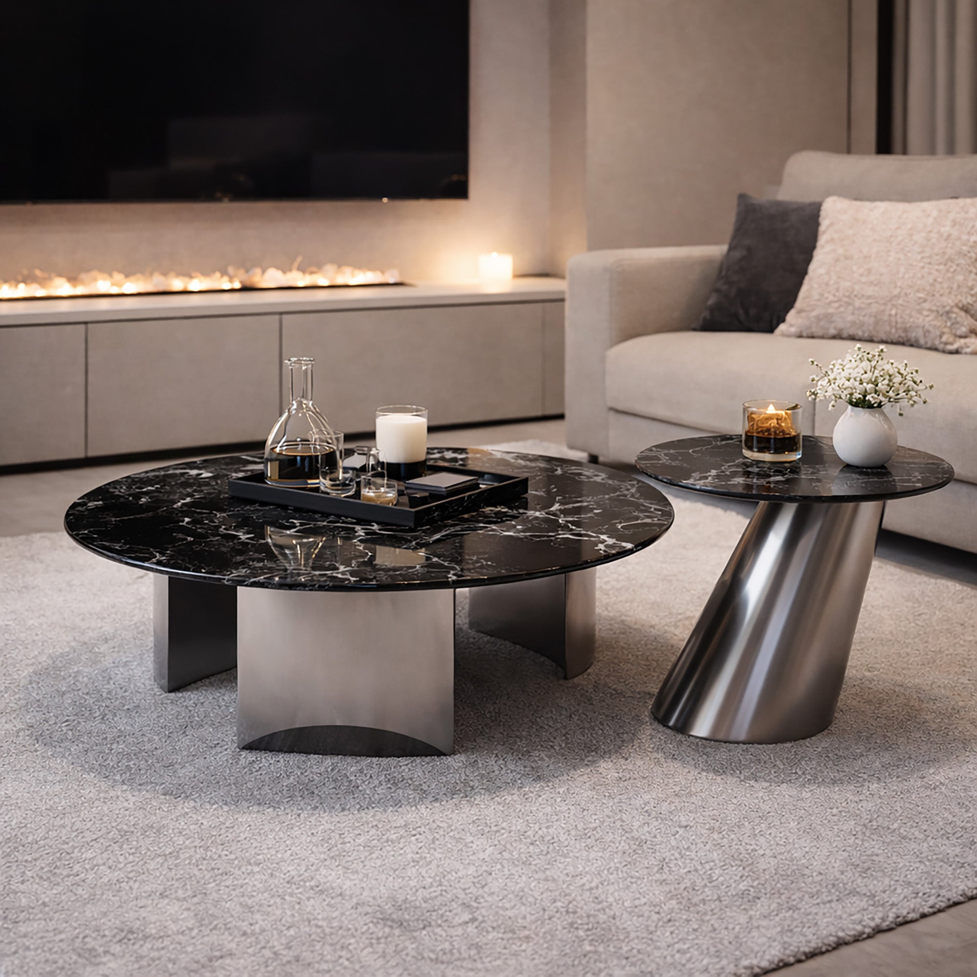 Velora Round Modern Marble Coffee Table Set with Sculptural Side Table