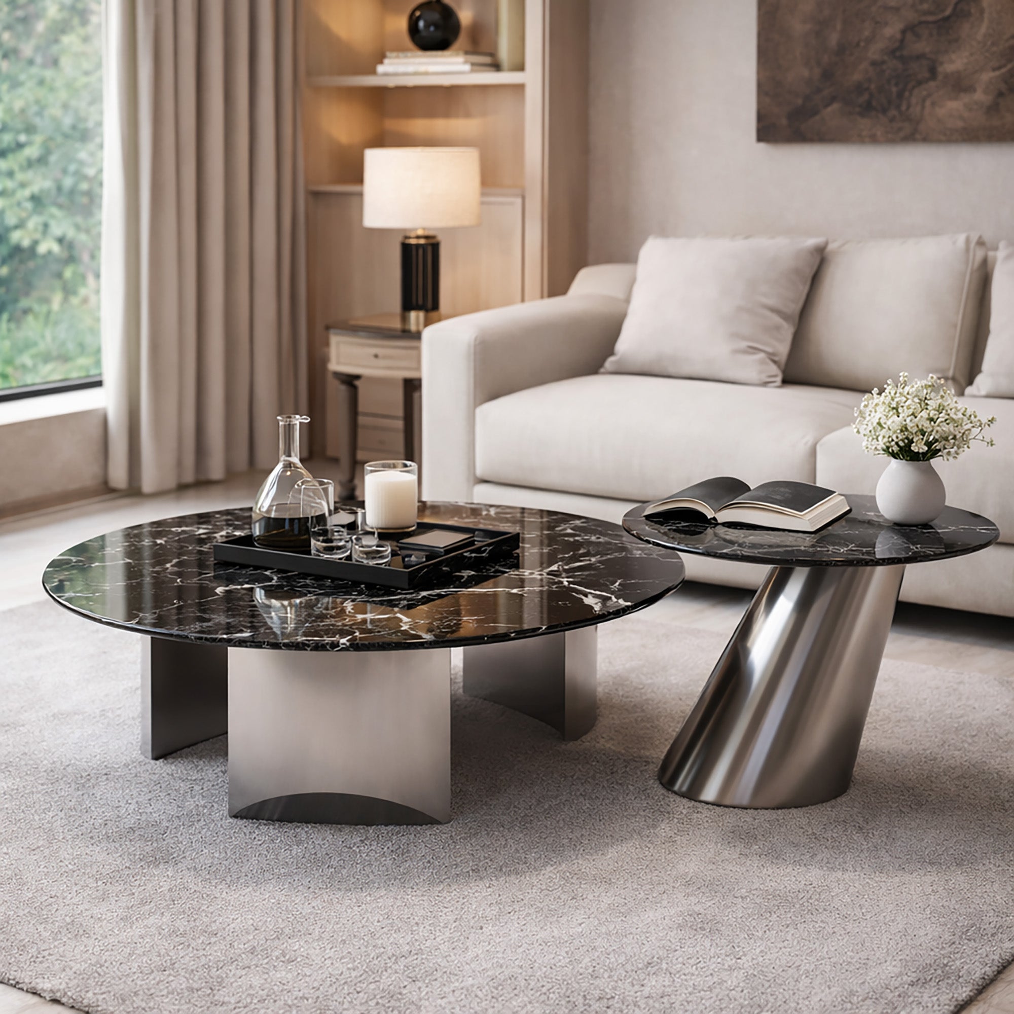 Velora Round Modern Marble Coffee Table Set with Sculptural Side Table
