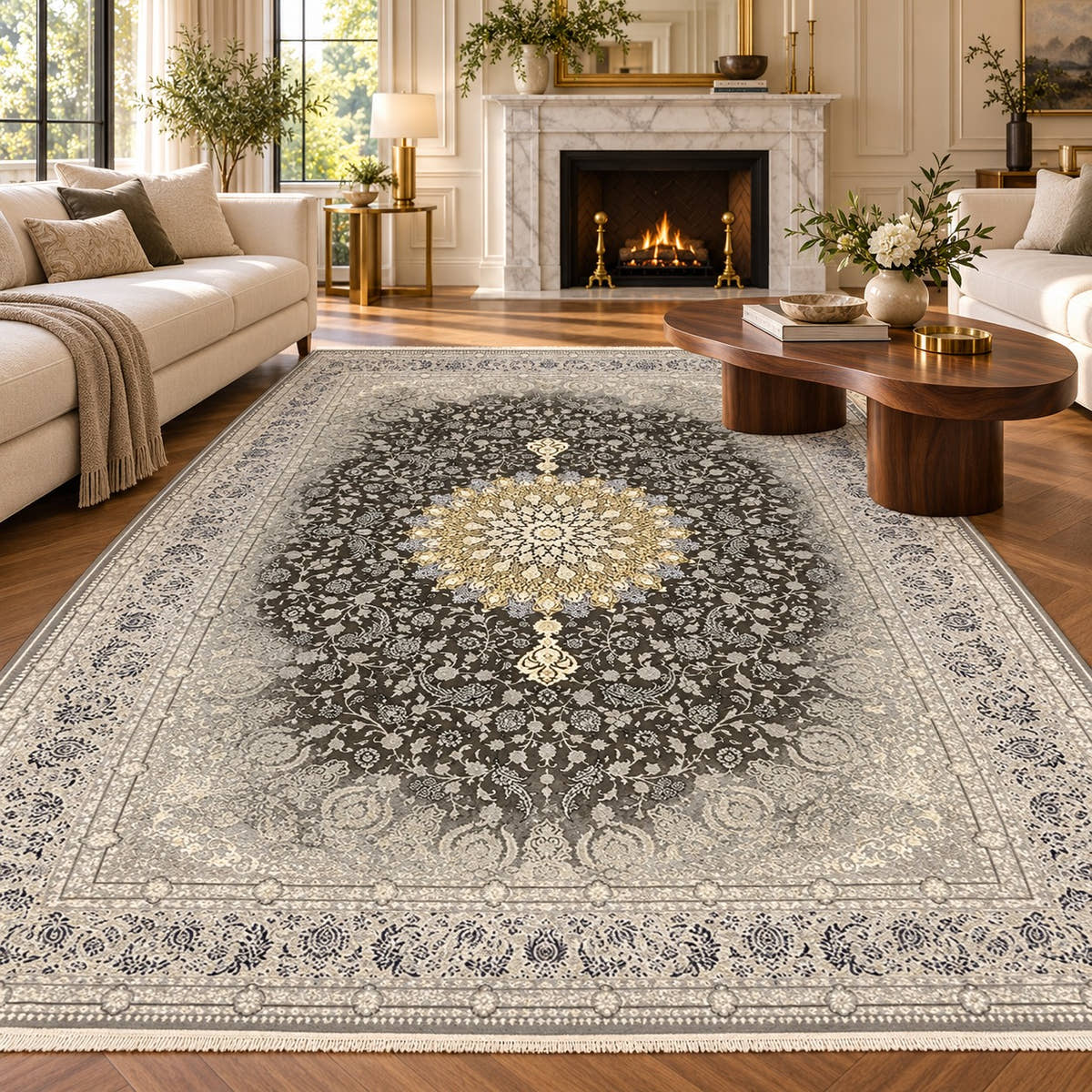 Vina grey Persian rug with cream-gold medallion and silver border in a digitally staged modern-classic living room