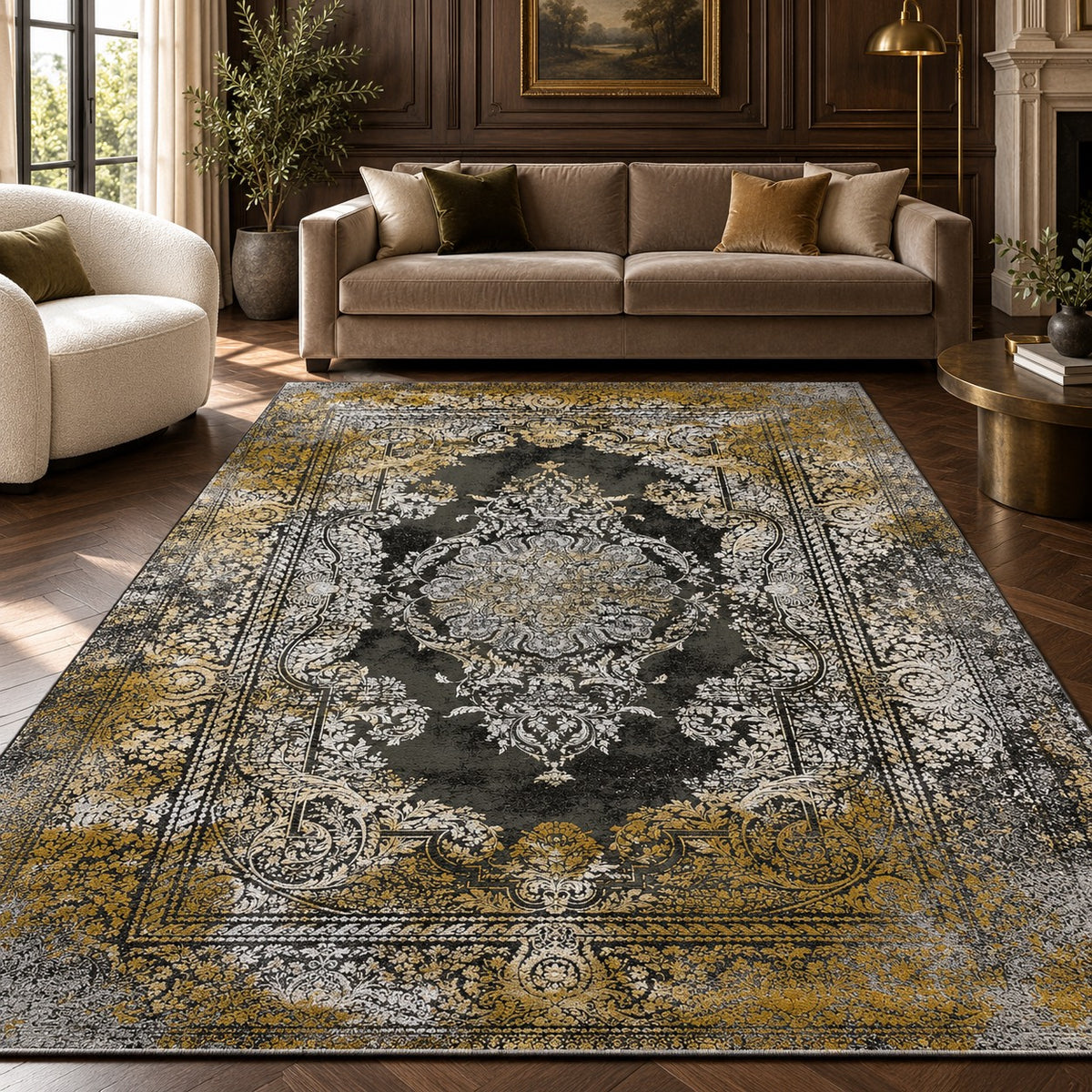 Vintage 1001 charcoal, silver and antique-gold Persian rug in a digitally staged modern-classic living room
