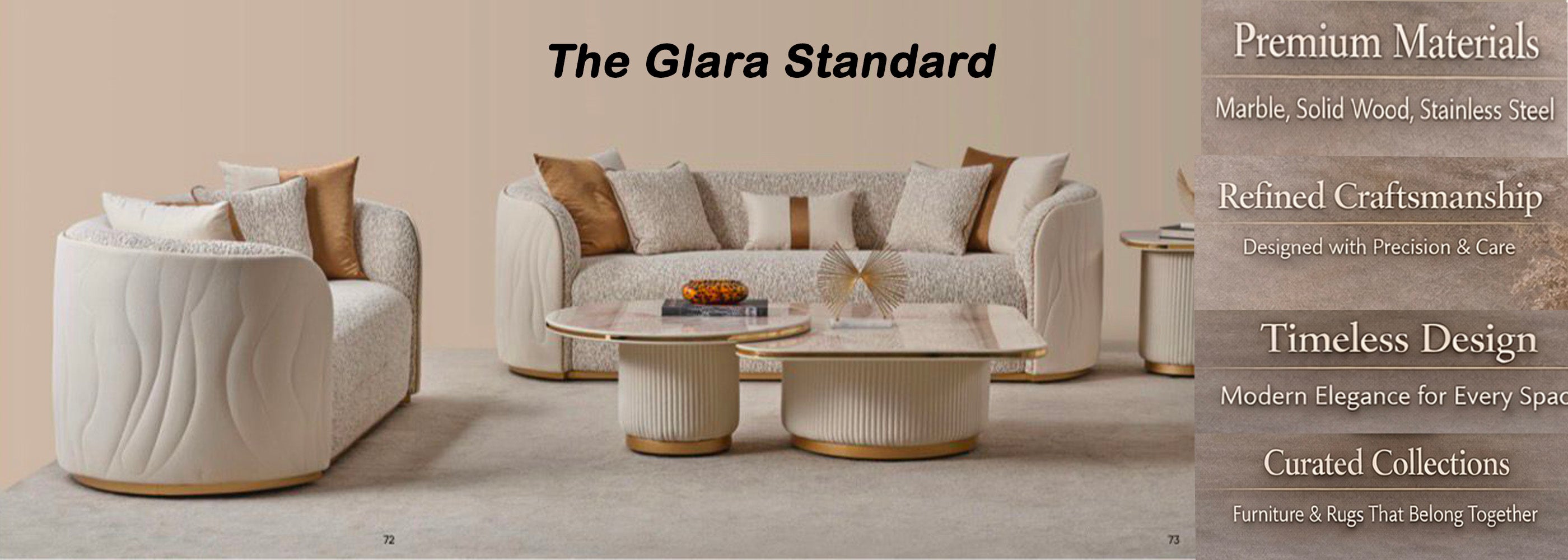 Furniture set with a sofa, armchair, and coffee table on a neutral background with promotional text about 'The Glara Standard'.