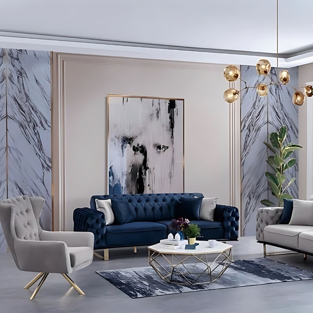 Modern sofa ser, grey and blue sofa set, gold touch sofa 