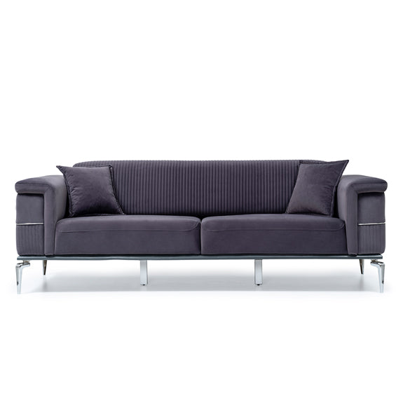 grey sofa  with silver legs 