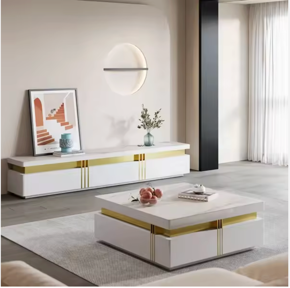 Albali Snowcrest Luxury TV Console – Snow Mountain White Sintered Stone & Gold Stainless Steel - GLARA HOME