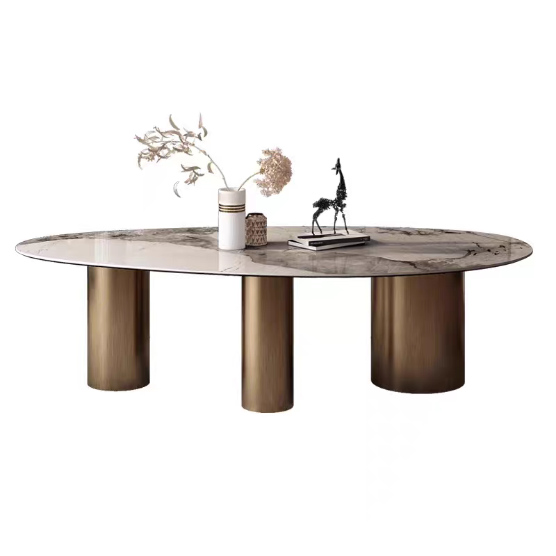 Aurelio Oval Sintered Stone Dining Table – Gold Stainless Steel Base - GLARA HOME