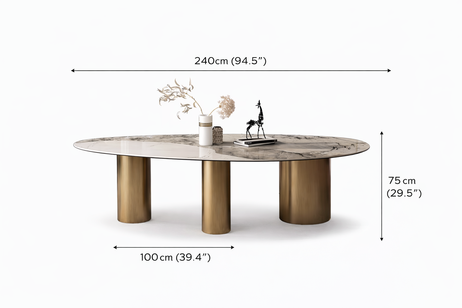 Aurelio Oval Sintered Stone Dining Table – Gold Stainless Steel Base - GLARA HOME