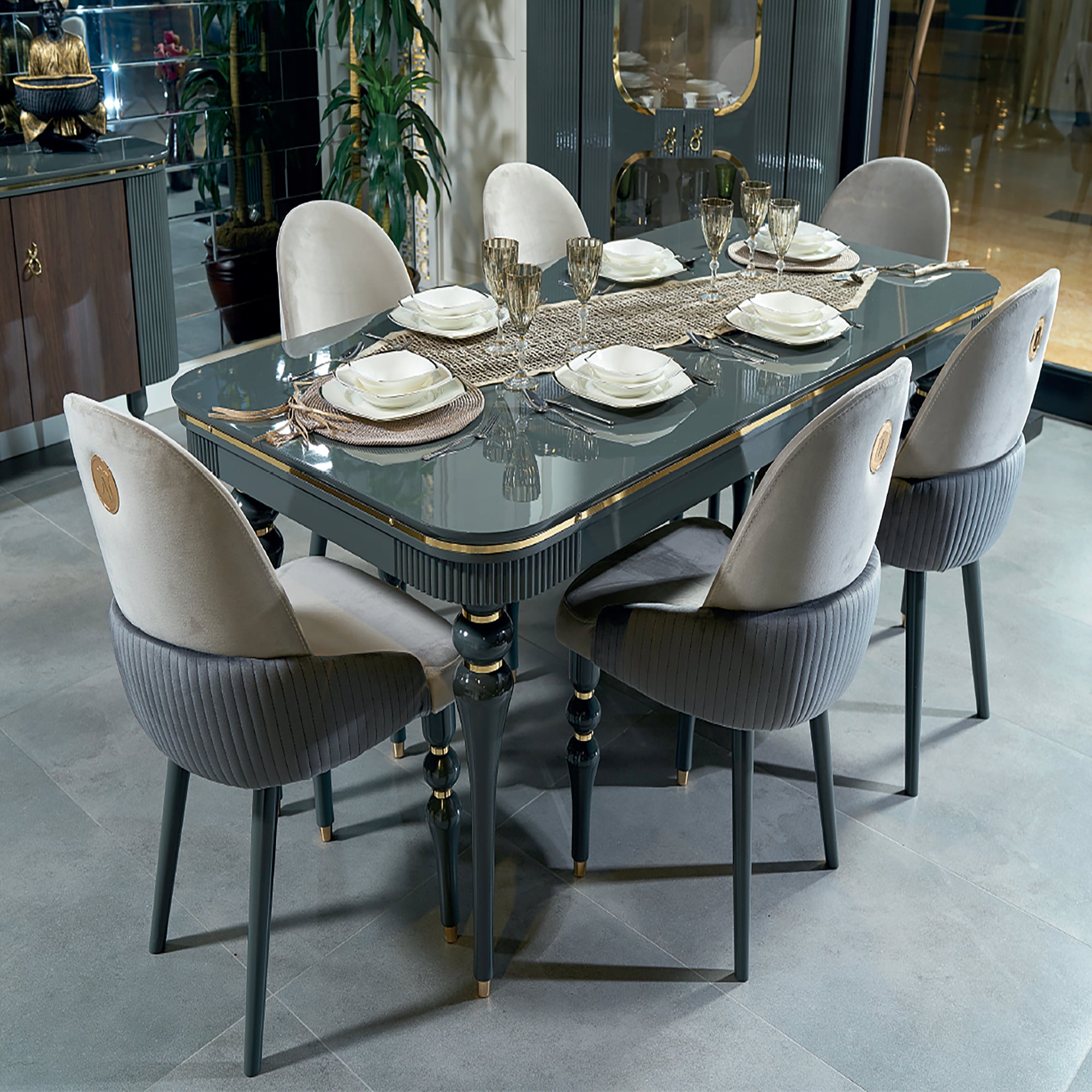 Capella Turkish Dining Room Set – Elegant Gray Wood Design ( Puma03-31 Grey Dark Grey/ Gold) - GLARA HOME