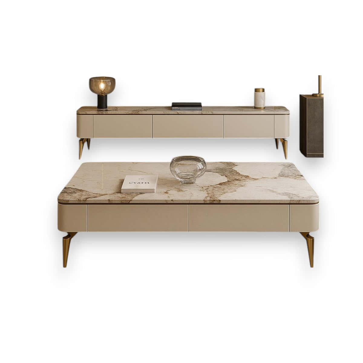 Chanel Gold Luxe Living Room Set – Marble Coffee Table & TV Stand (9105) - GLARA HOME