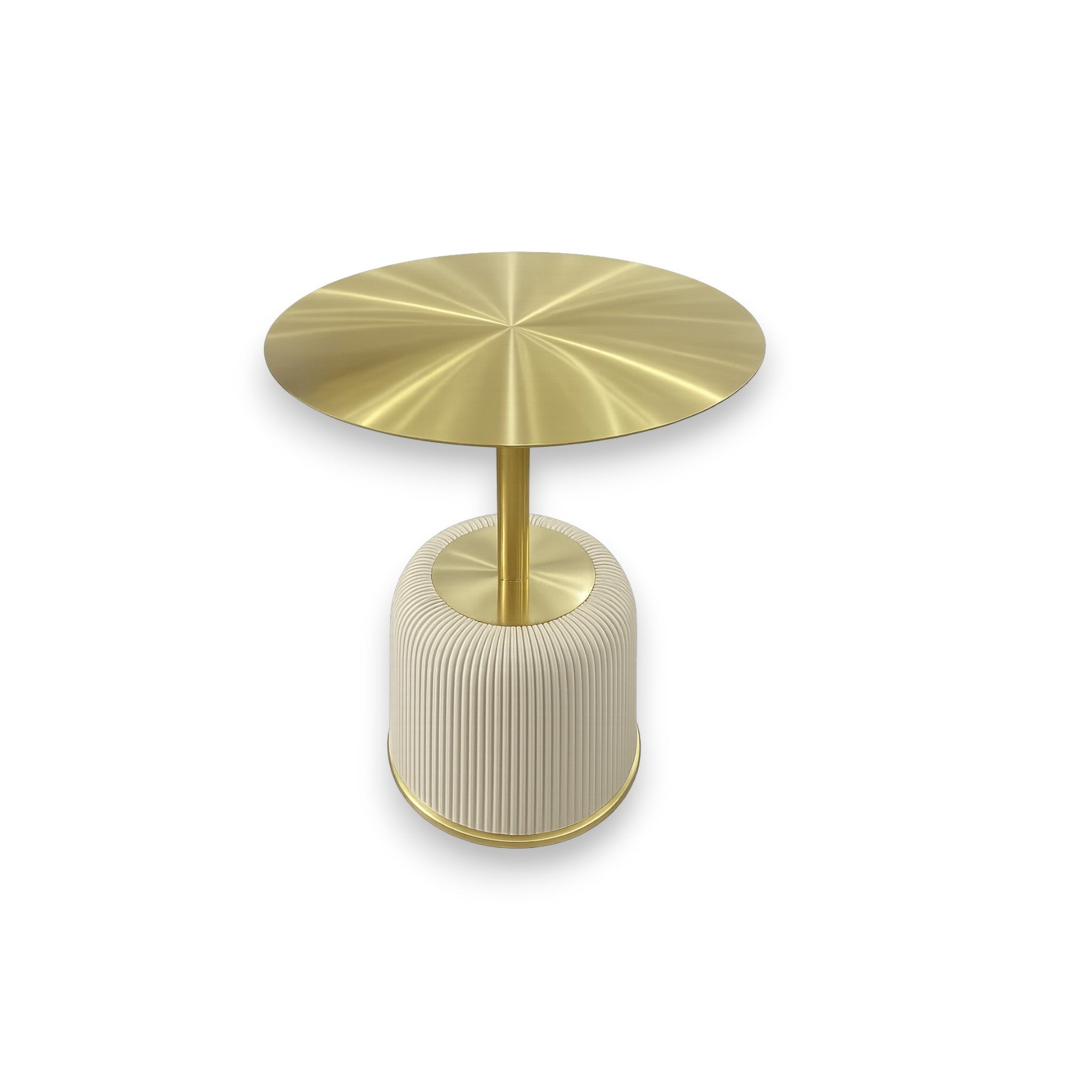 Small round gold table with ribbed base on a white background