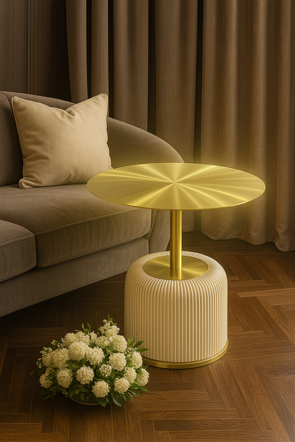 Gold side table with ribbed base next to a beige sofa and flower arrangement on a wooden floor.
