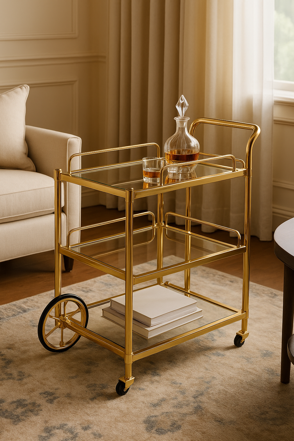 AUREL Gold Bar Cart – 2-Tier Glass Serving Trolley