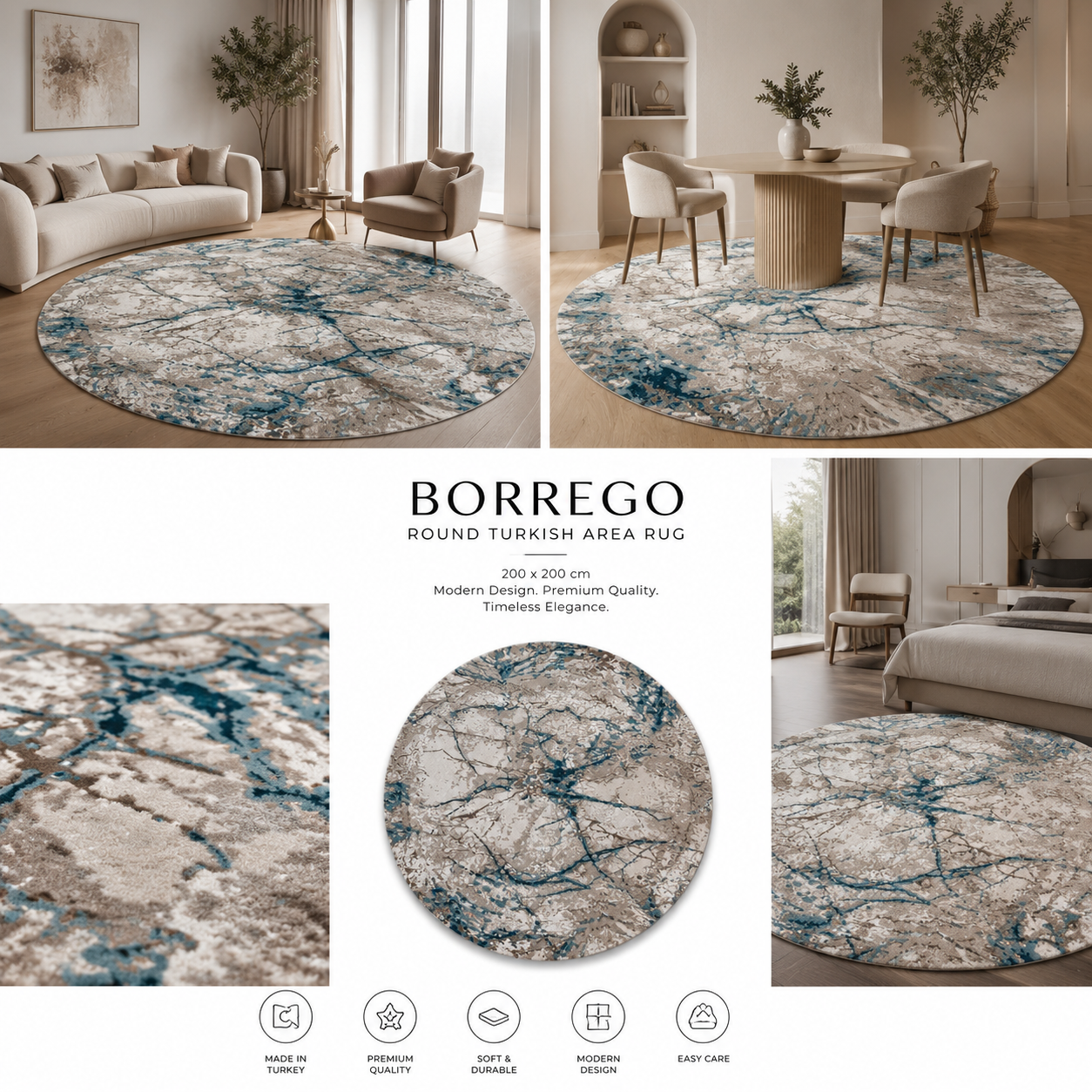 Borrego Round Turkish Area Rug 200x200 cm | Modern Abstract Luxury Rug ( H6214)