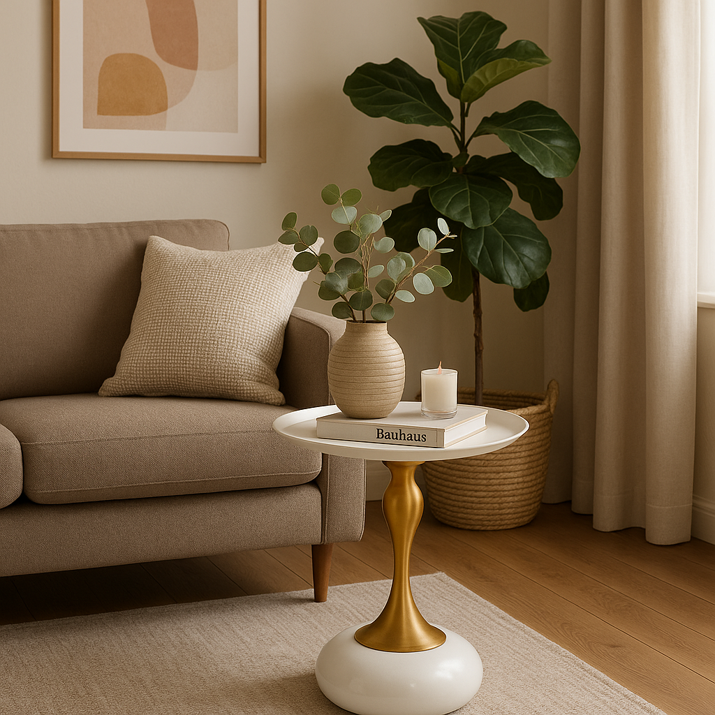 Living room with a beige sofa, decorative table, and plant