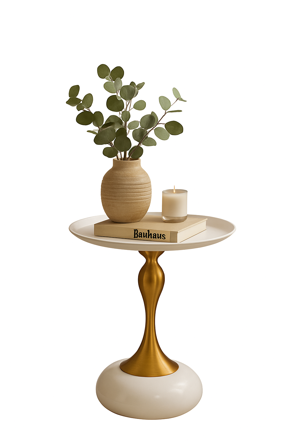 Small round table with gold legs, white base, and decorative items on a white background