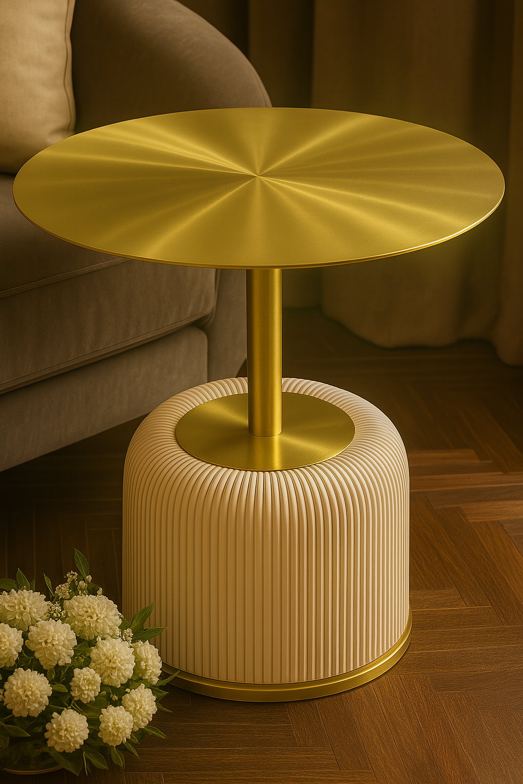 Gold side table with ribbed base in a room setting