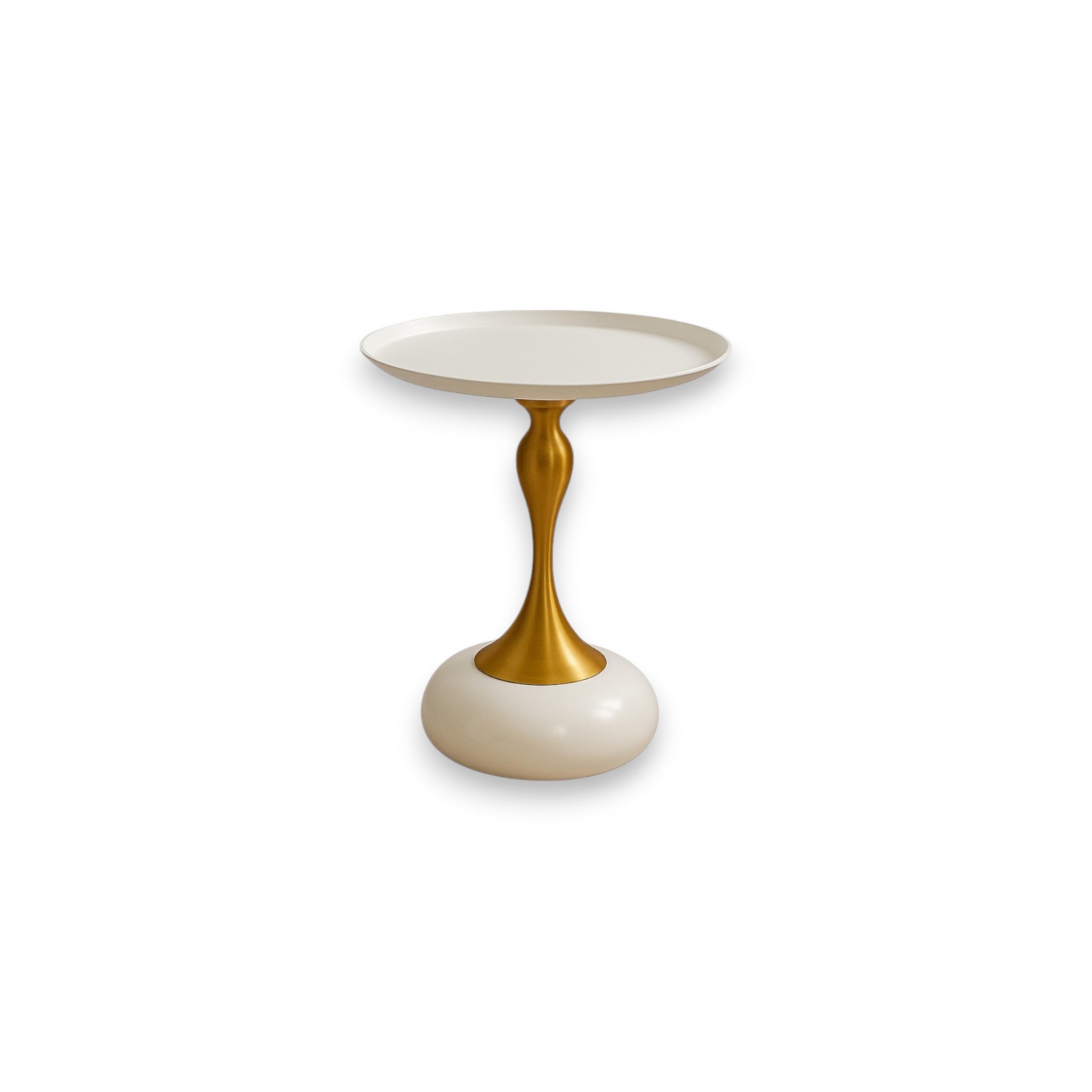 Small round table with a gold and white base on a white background