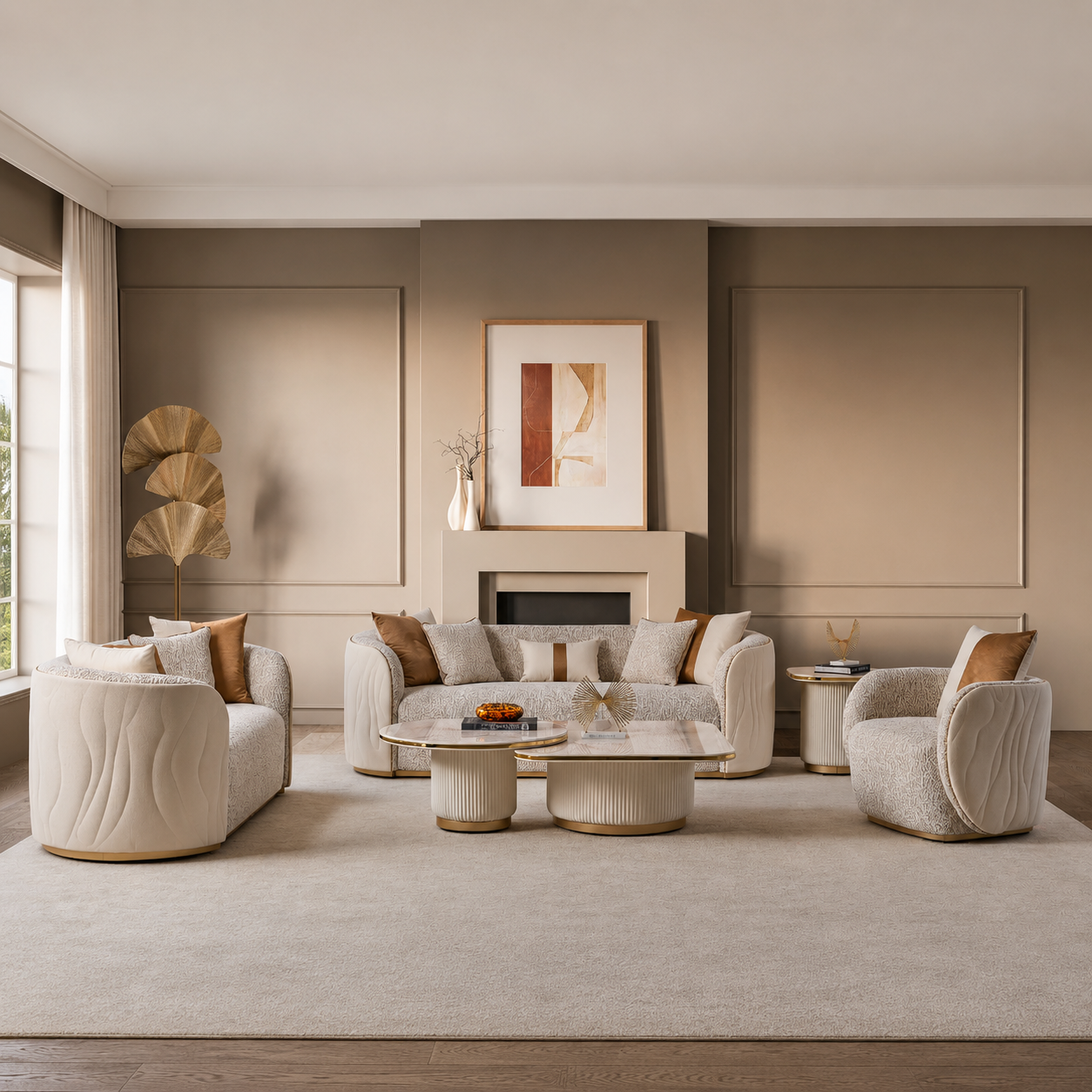 Modern living room with beige furniture and abstract art on the wall