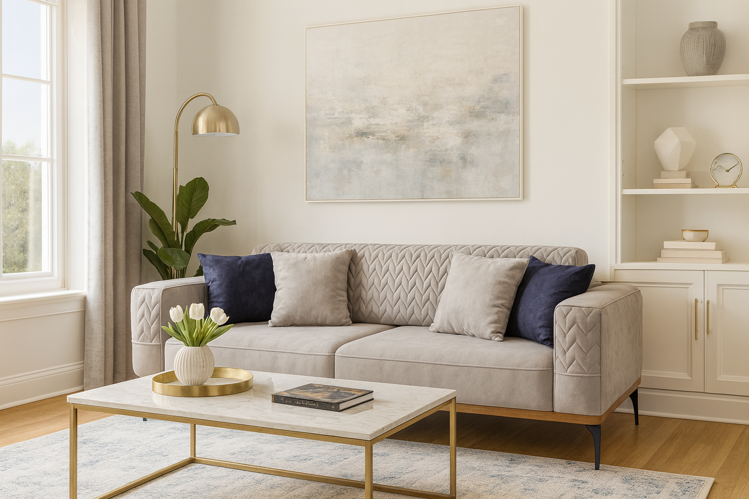 Modern living room with a gray sofa, coffee table, and decorative elements.