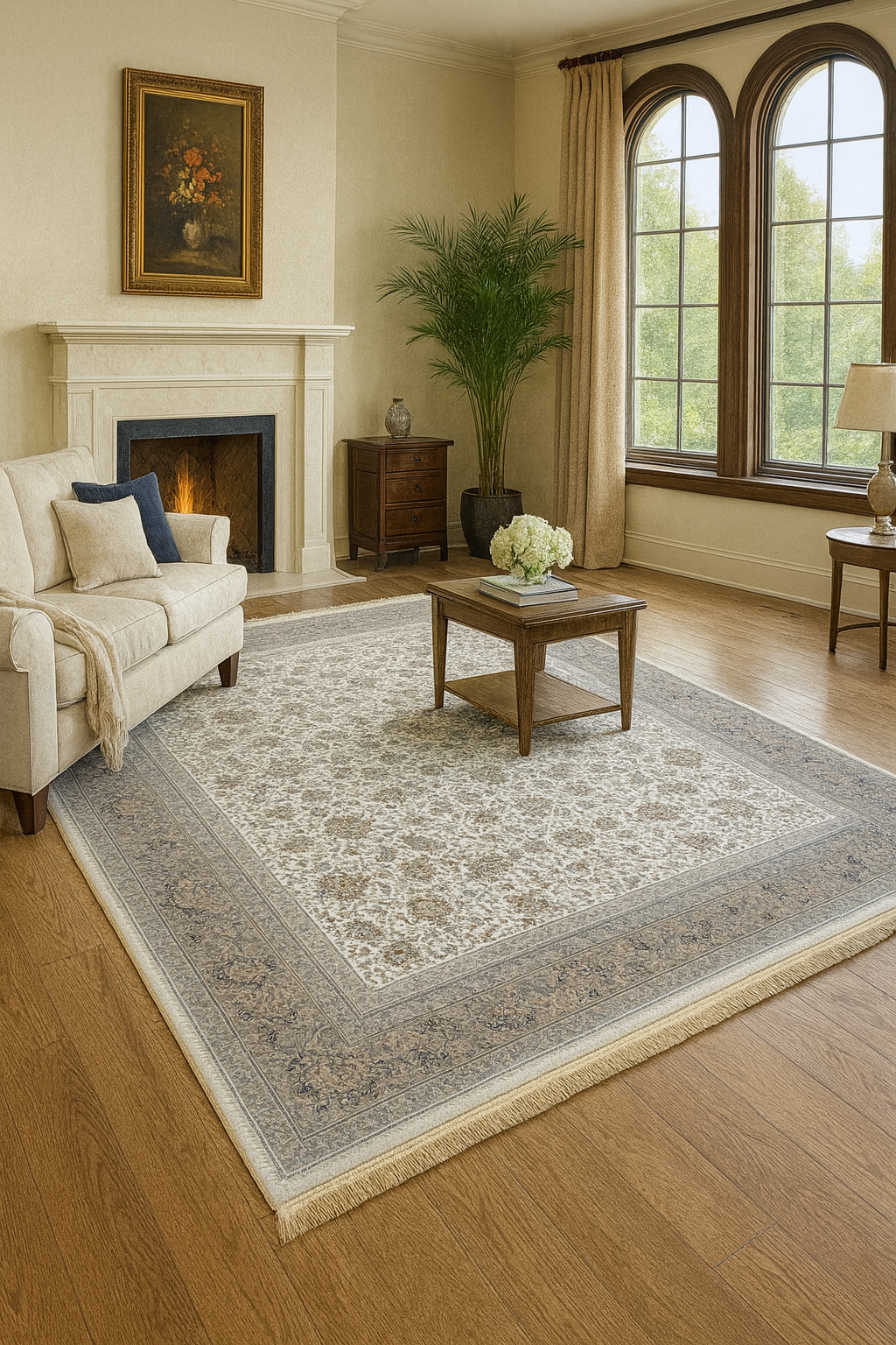 Living room with a large area rug, sofa, coffee table, and fireplace.