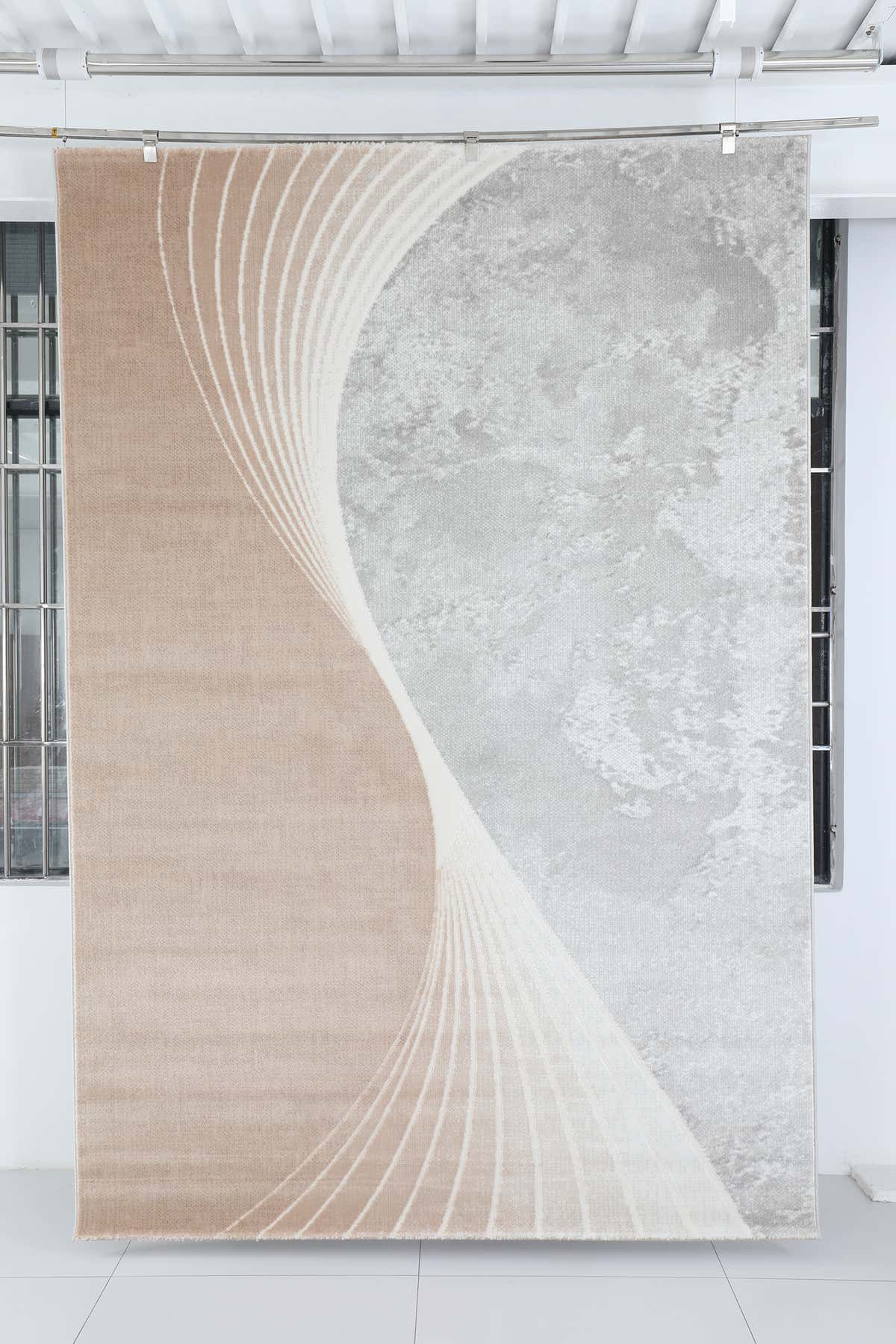 Glara “ARCORA” Modern Curve Area Rug – Beige & Grey Statement Design ( TX -06 ) - GLARA HOME