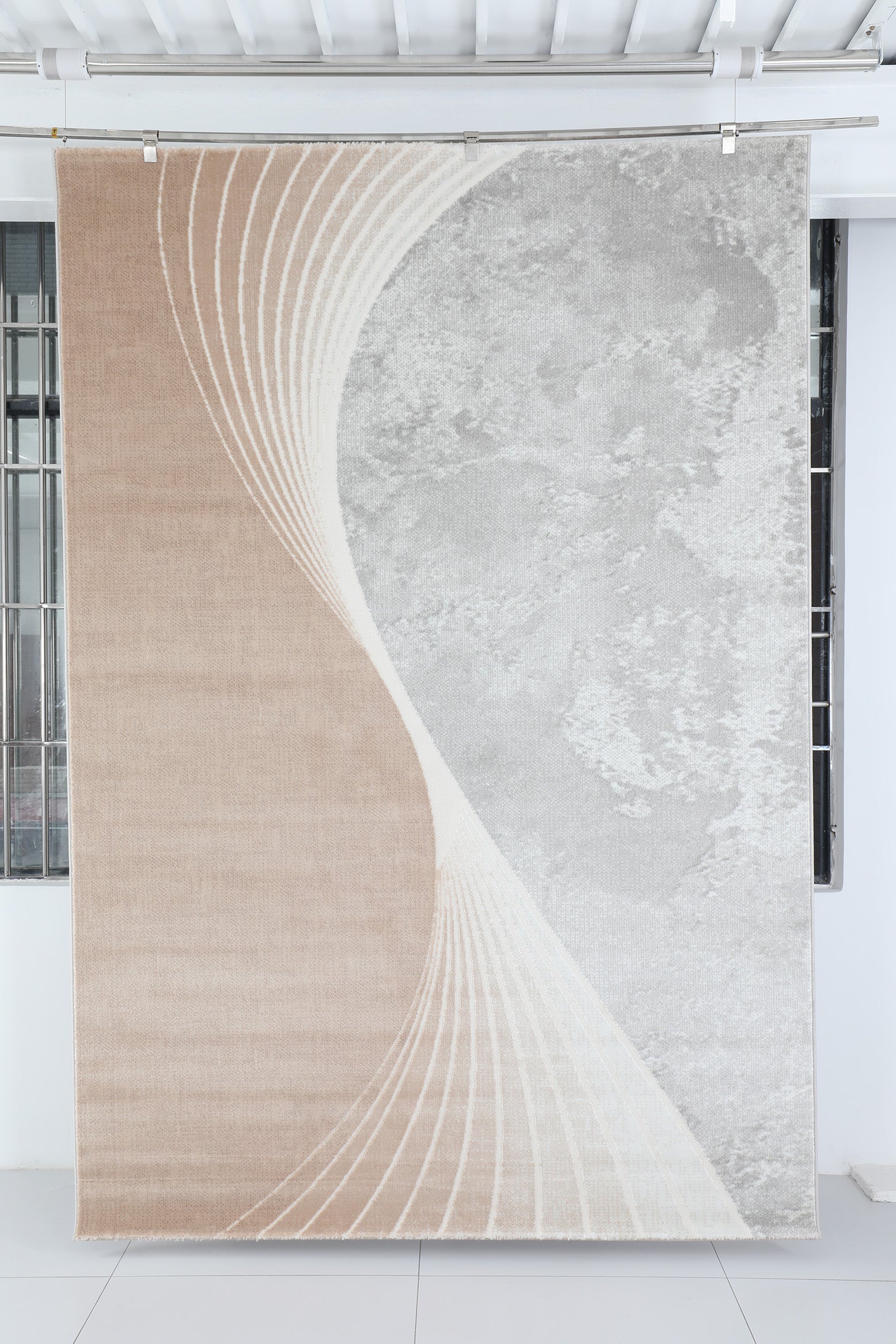 Glara “ARCORA” Modern Curve Area Rug – Beige & Grey Statement Design ( TX -06 ) - GLARA HOME