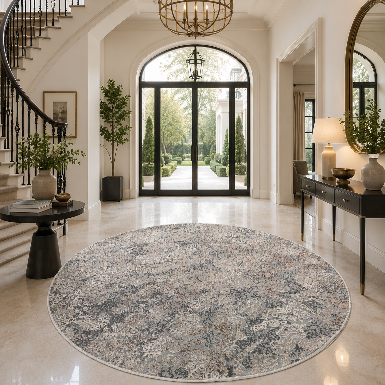 A round area rug with an abstract, distressed floral pattern in muted gray, beige, and blue tones, displayed in a bright, elegant entryway with a staircase and console table.