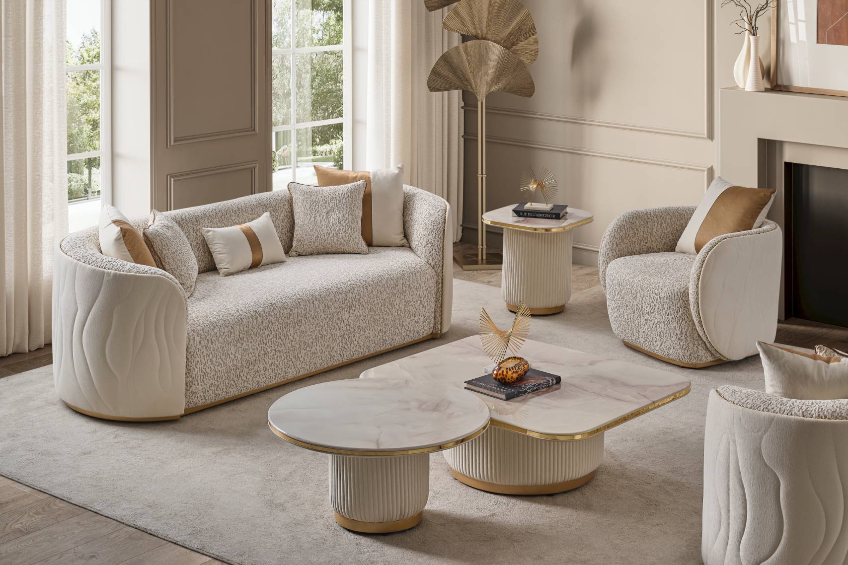 Modern living room with a beige sofa, armchair, and coffee table.