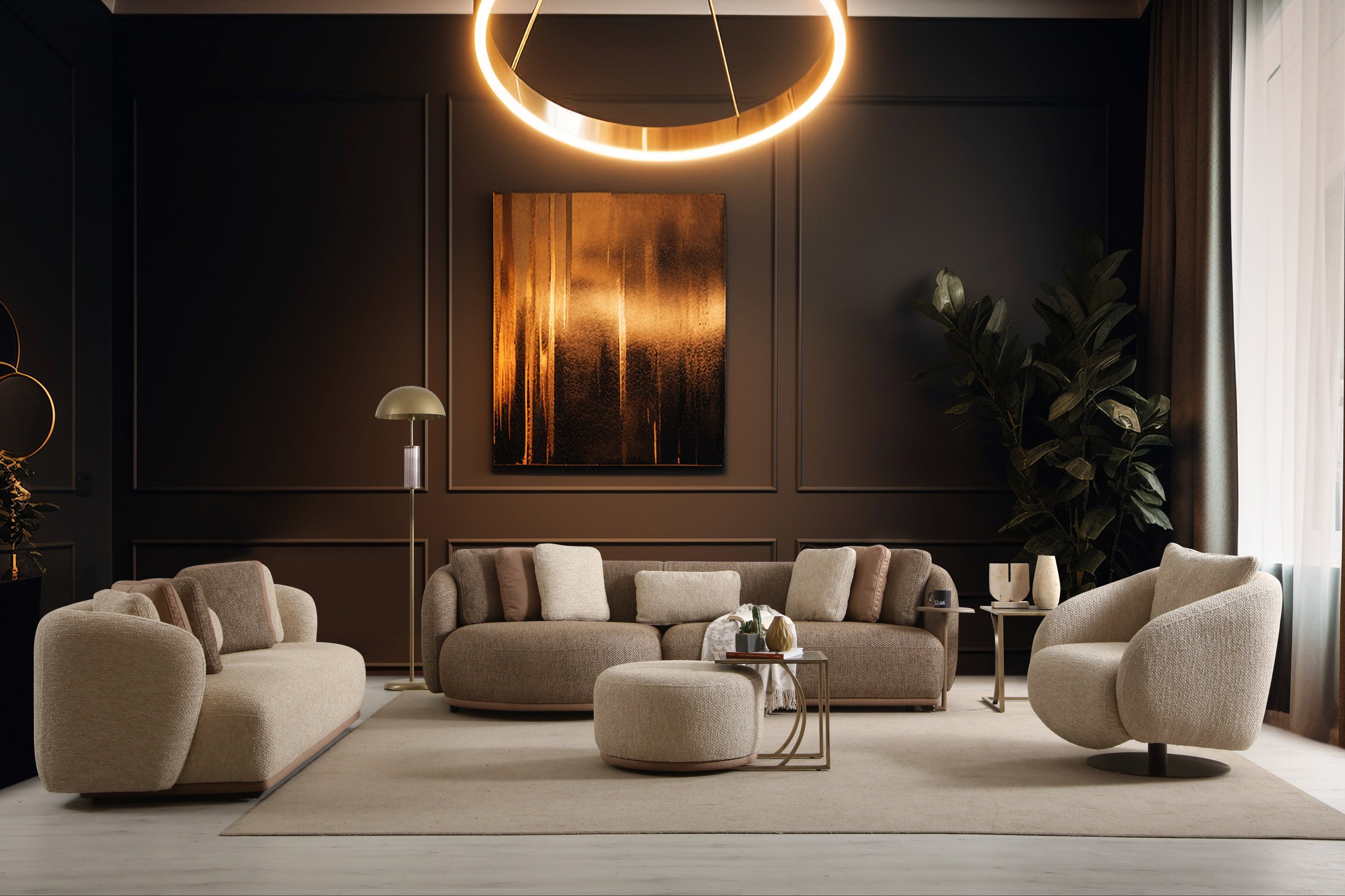 Modern living room with beige sofa, armchair, and decorative elements.