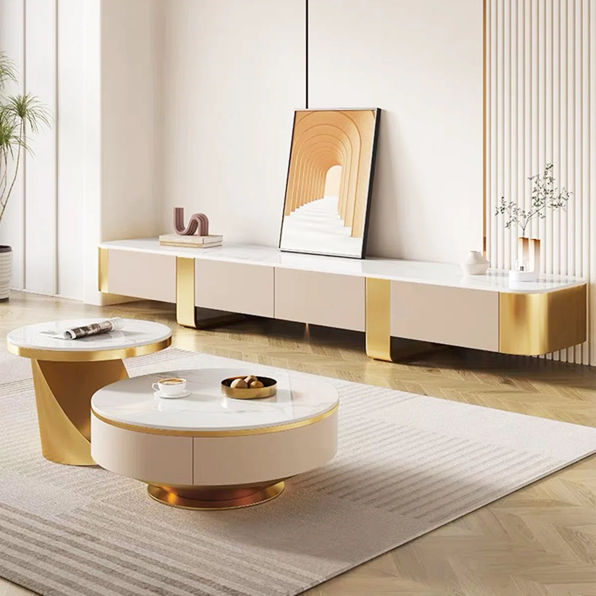 Elano Marble & Gold Coffee Table/ TV Stand Set