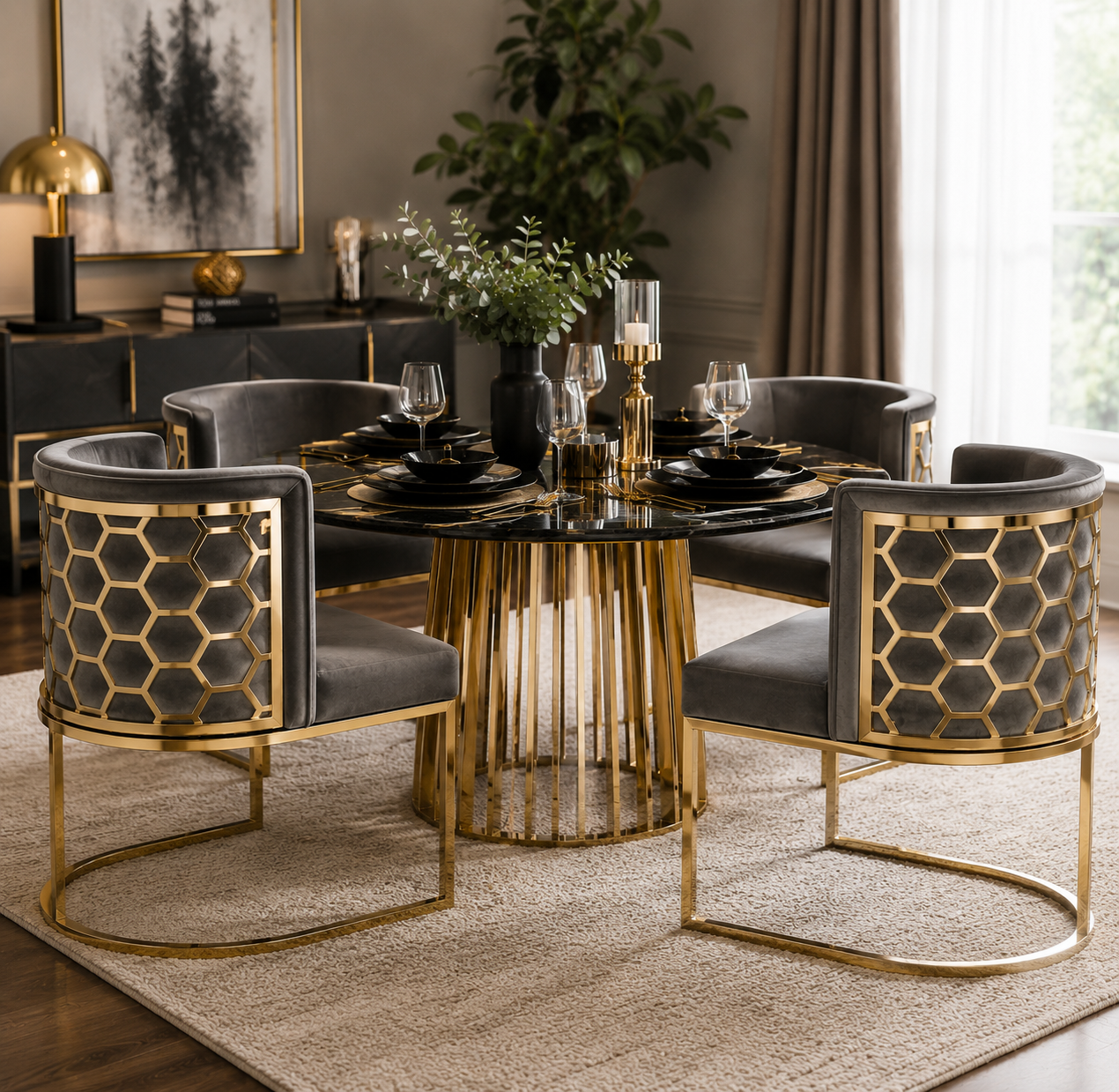 Luxury Grey Velvet Dining Chair with Gold Stainless Steel Frame (216A) - GLARA HOME