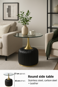 Luxury Round Side Table X-818 – Glass Top with Leather & Gold Base - GLARA HOME