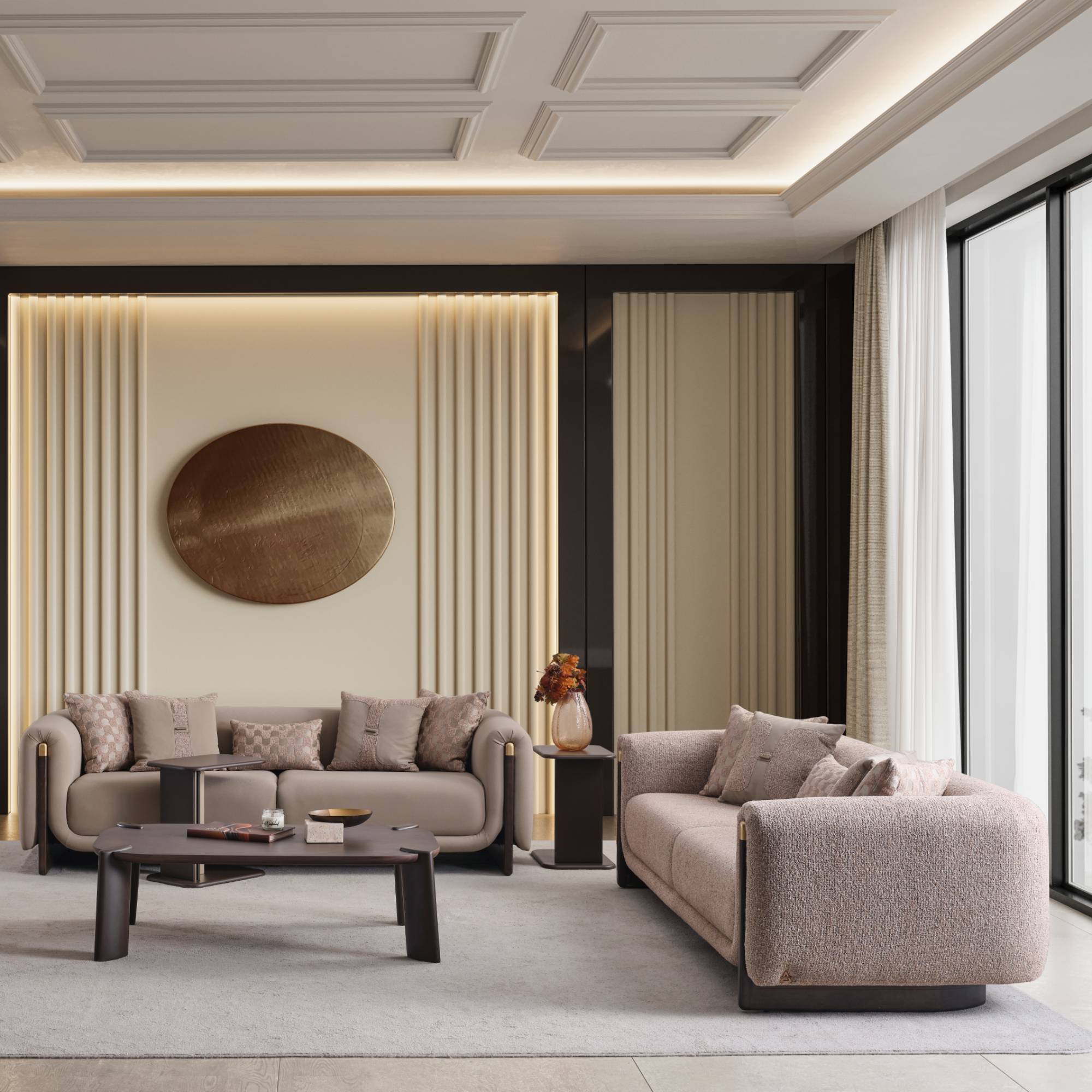 Luxury Orion Turkish sofa collection in premium Bien and Miranda fabric inside a modern luxury living room by Glara Home Canada