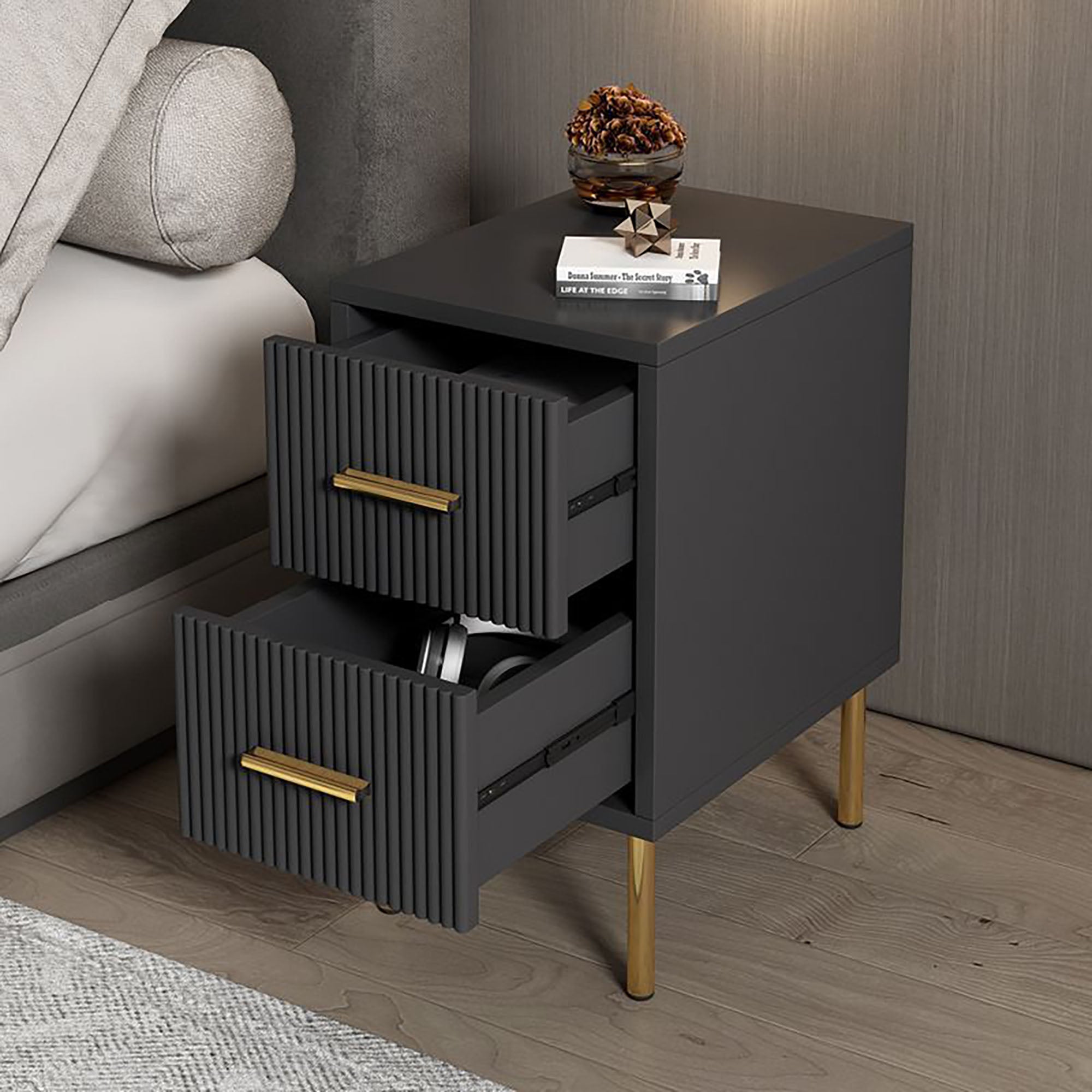 Noir Luxe Fluted Nightstand (MX-19) - GLARA HOME