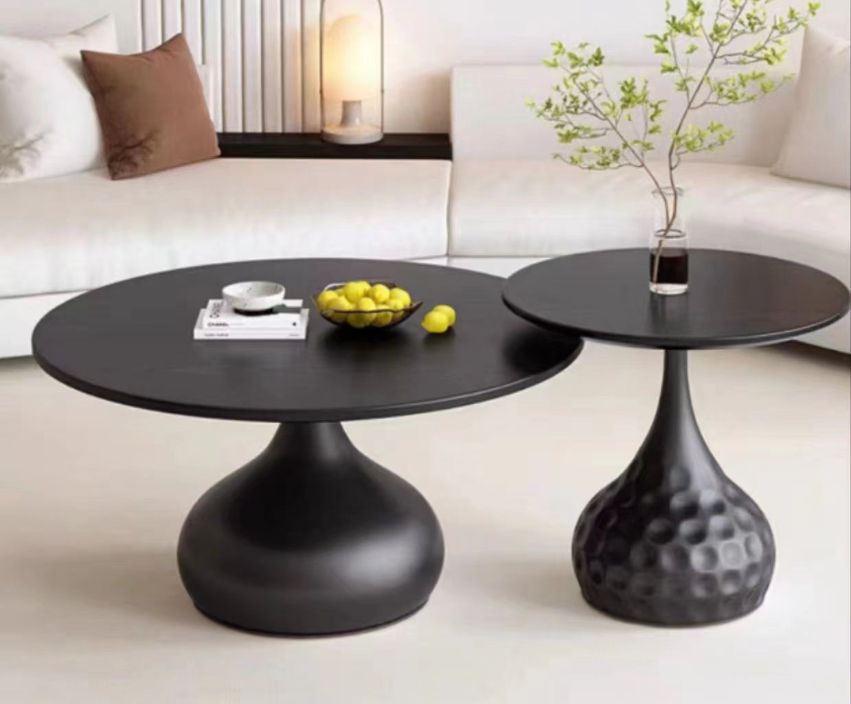 Noir Sculpt Nesting Coffee Tables – Black Carbon Steel Modern Round Coffee Table Set - GLARA HOME