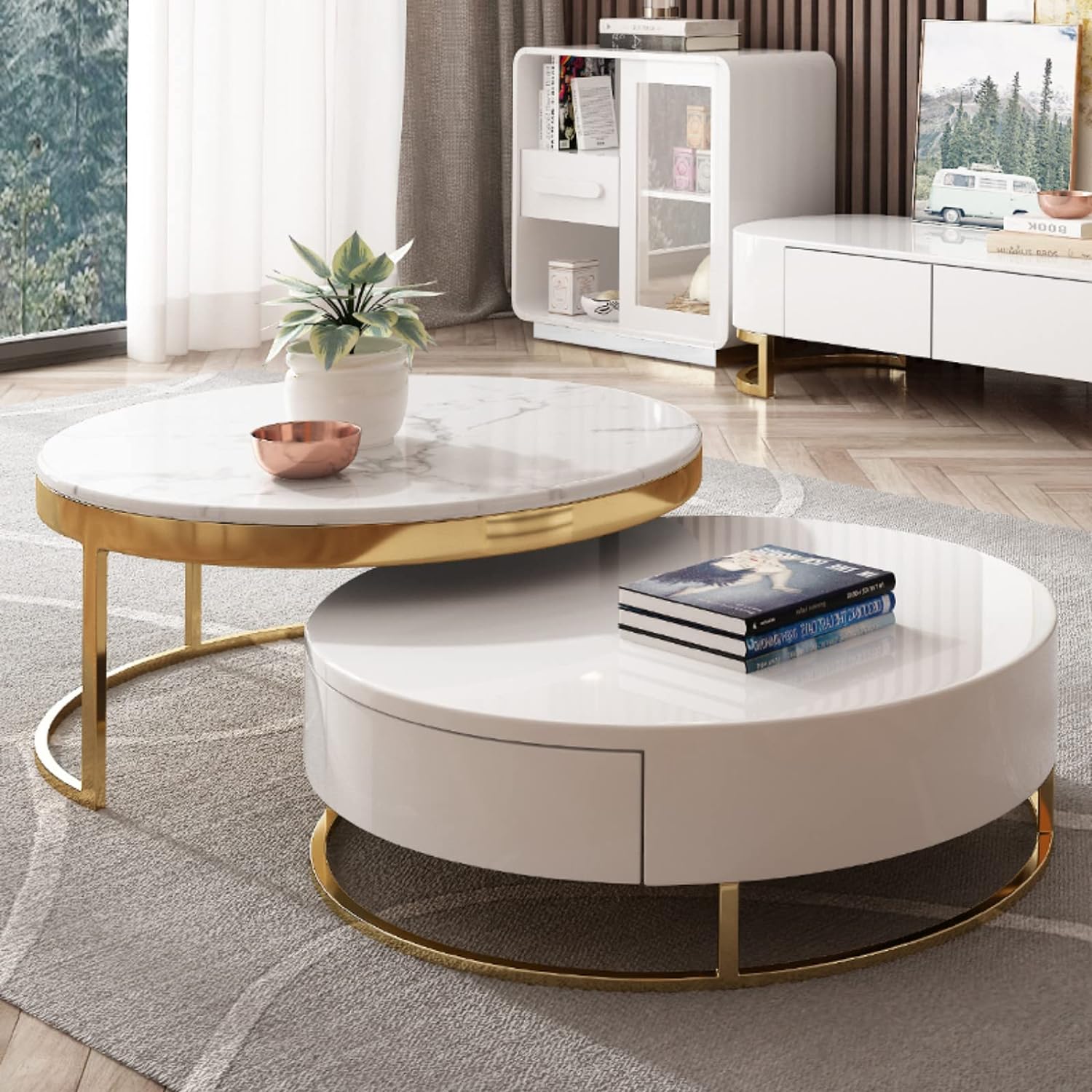 Ronak Round Shape Marble/Gold Coffee Table (White Marble) - GLARA HOME