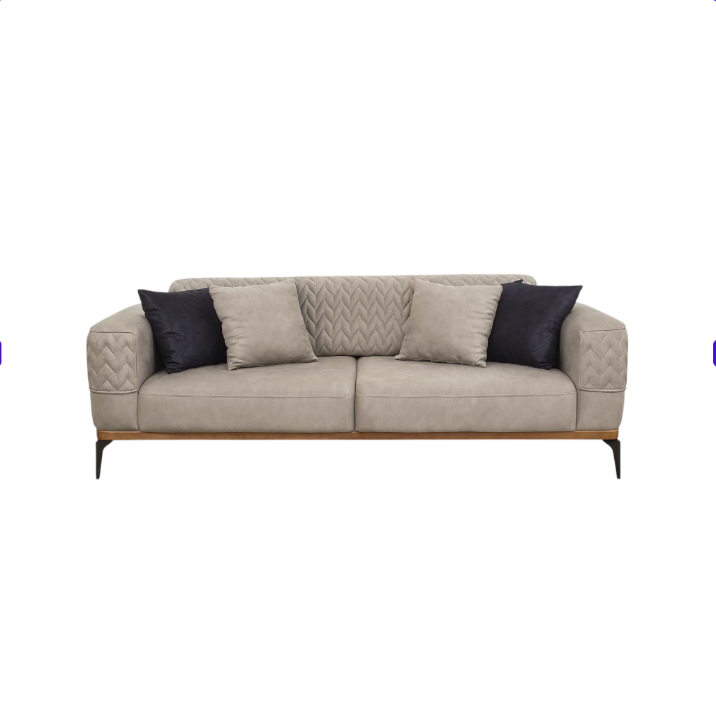 Beige sofa with black cushions on a white background