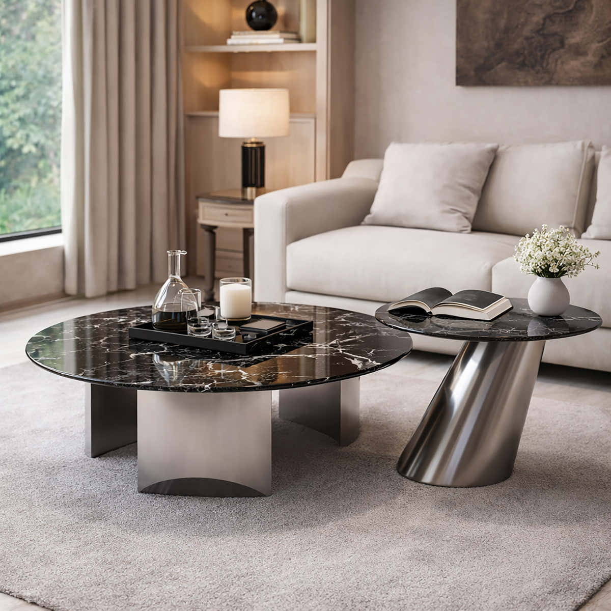 Velora Round Modern Marble Coffee Table Set with Sculptural Side Table - GLARA HOME