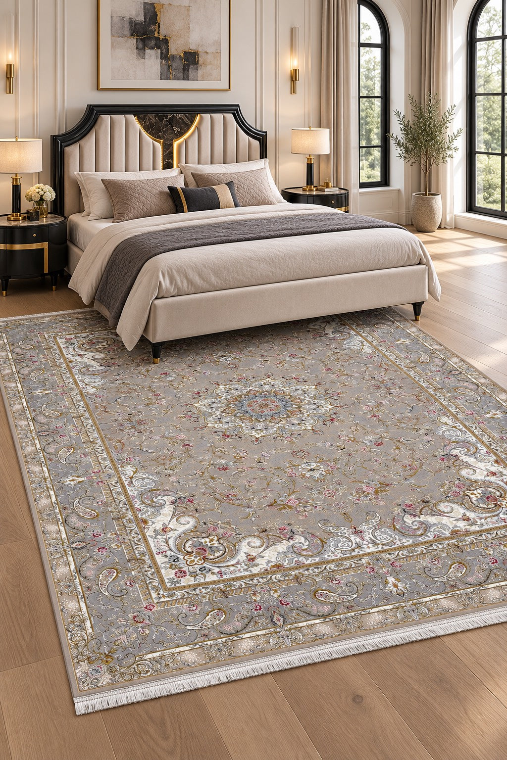 Afroze beige grey Persian rug with fine ivory fringe, styled with Glara Arya bed and bedside tables in a digitally staged bedroom