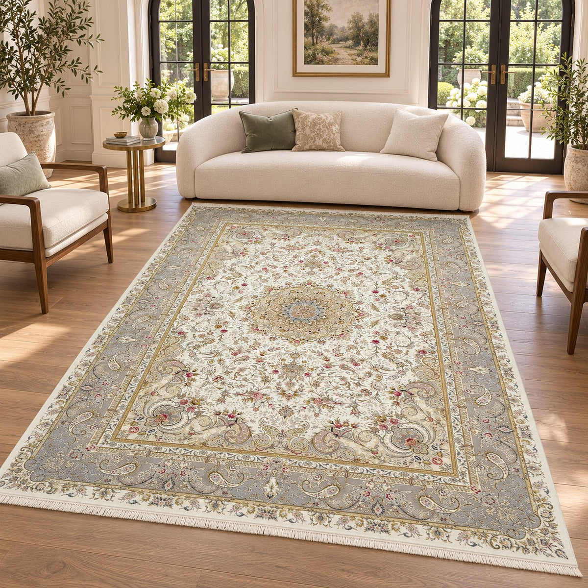 Afroze cream 1500 reed Persian rug with a grey floral border and fine ivory fringe in a digitally staged garden sitting room