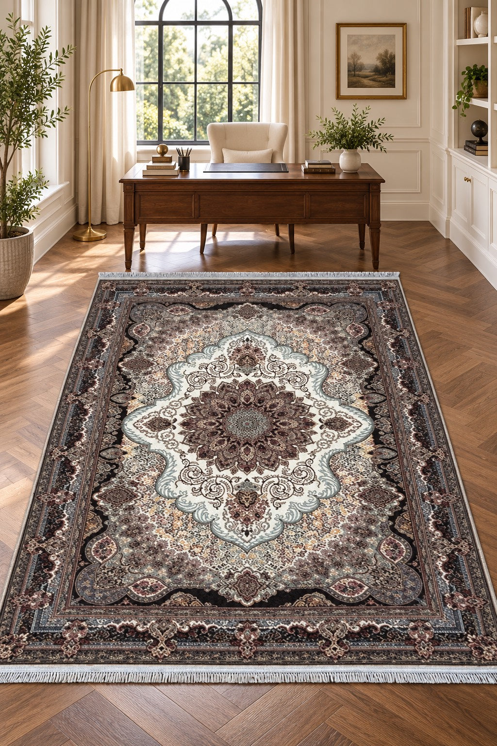 Ariamehr Persian rug with ivory scalloped medallion and dark floral border in a digitally staged modern-classic home office