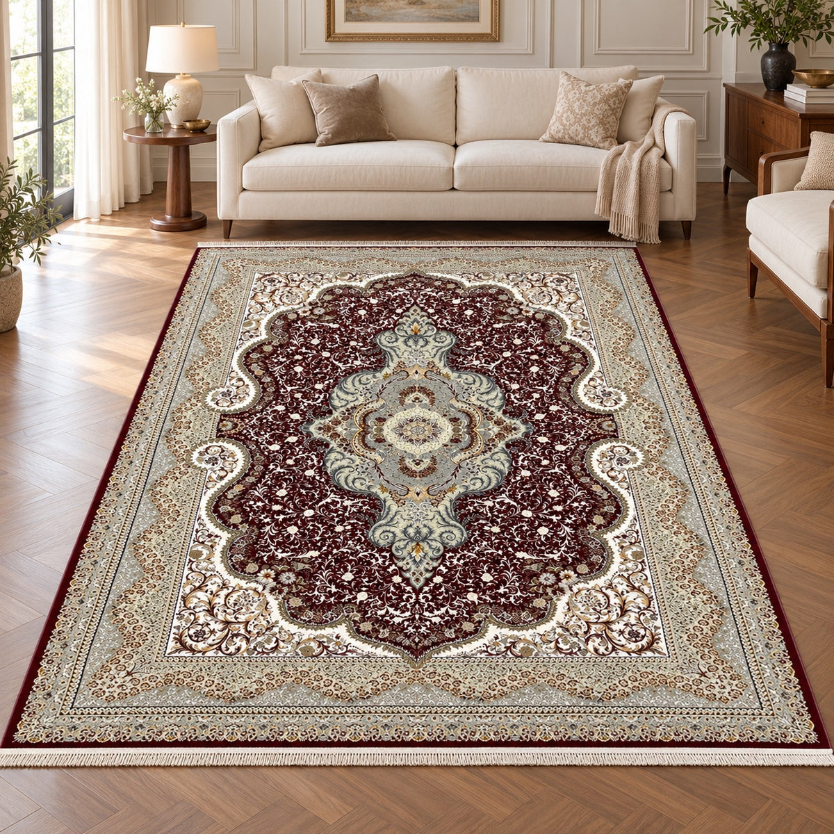 Arses burgundy Persian rug with grey medallion and ivory floral borders in a digitally staged modern-classic living room