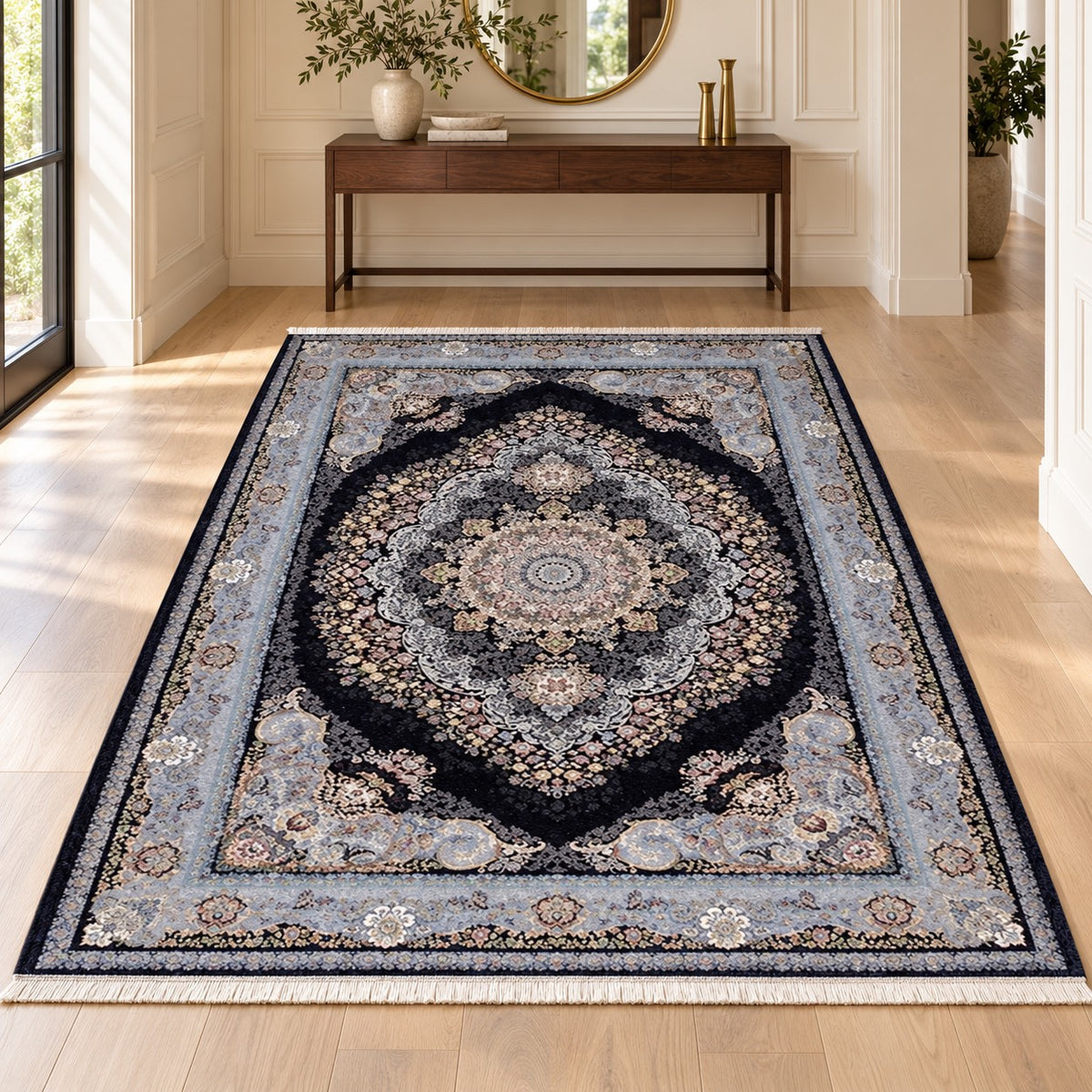 Asman dark Persian rug with floral medallion and pale blue-grey border in a digitally staged modern-classic entrance foyer