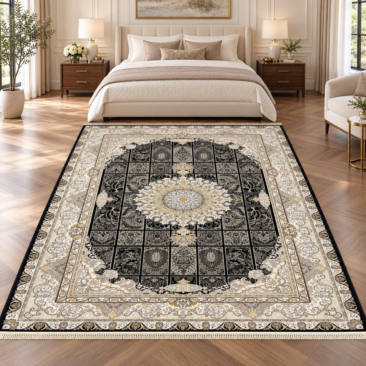 Avin black Persian rug with garden-panel motifs and ivory floral medallion in a digitally staged modern-classic bedroom