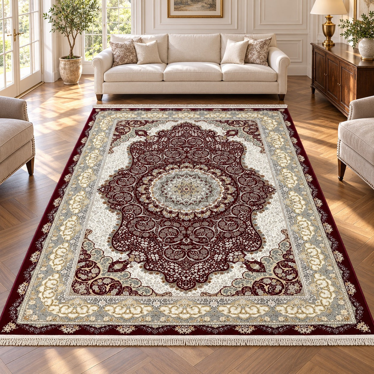 Azarakhsh burgundy Persian rug with ivory scalloped field and grey floral medallion in a digitally staged modern-classic sitting room
