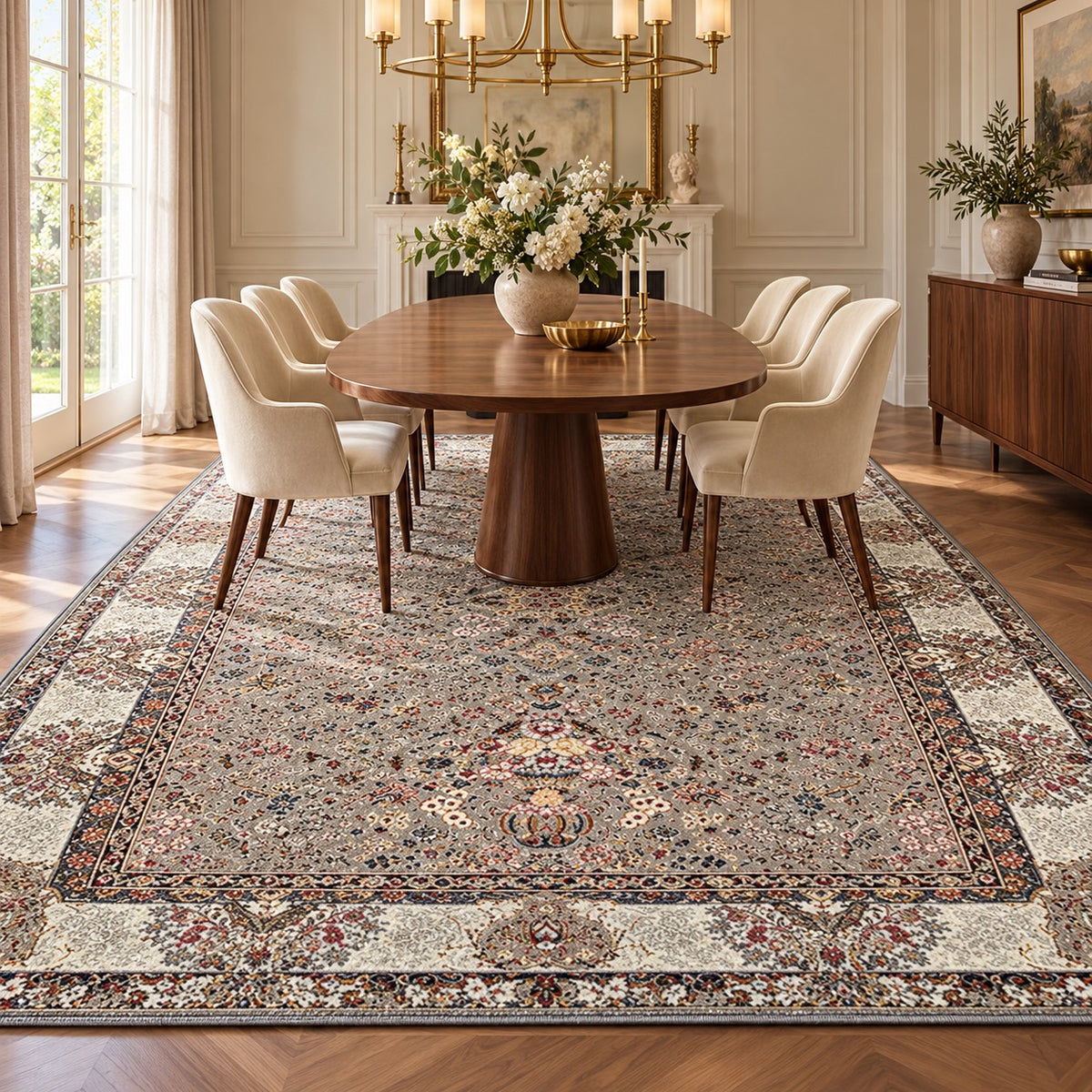 Bahar grey Persian floral rug with ivory border in a digitally staged modern-classic dining room