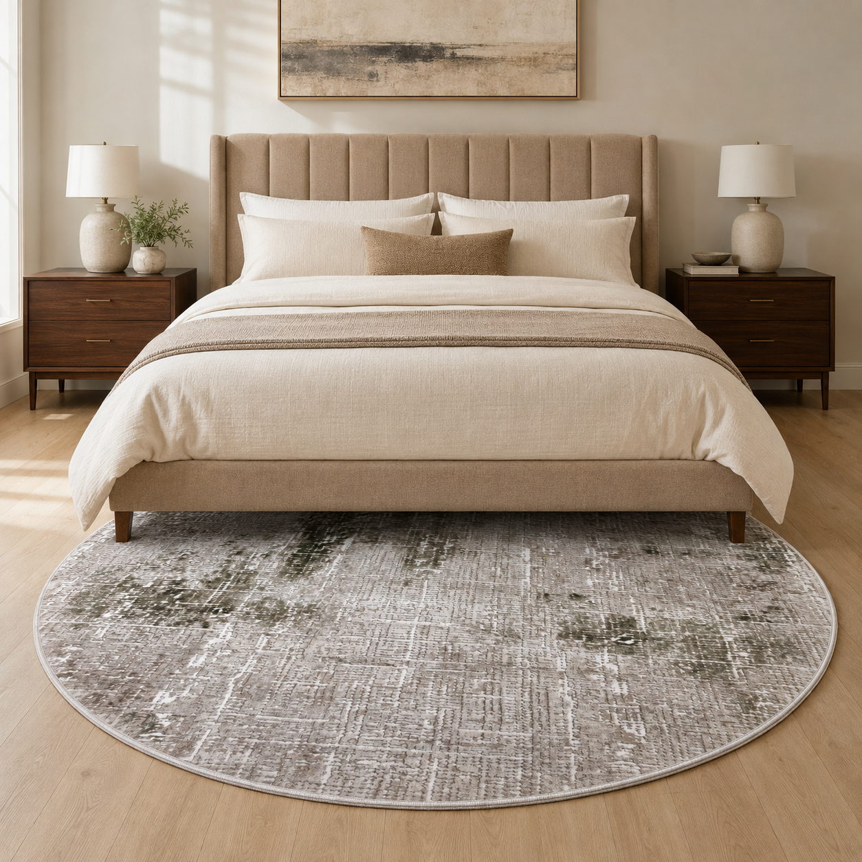 A round area rug with a distressed gray and beige abstract pattern, styled under a bed in a modern, neutral-toned bedroom.