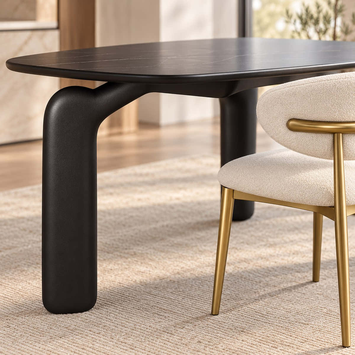 Avero black ceramic dining table sculptural carbon steel leg and frame detail